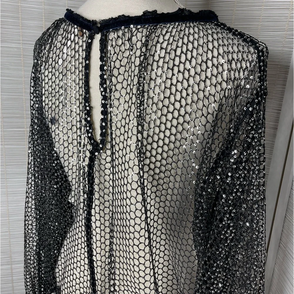 Free People Sparks Fly Sequin Fishnet Mesh Top Black Velvet Detail NWT M